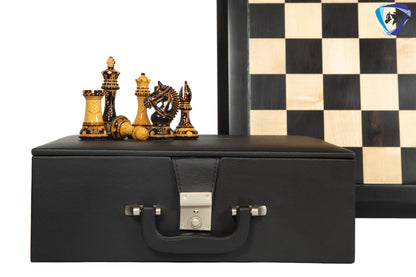 4.1" Staunton Chess pieces Set in Burnt Boxwood with carving-EXCALIBUR  + 23" Ebony wood Chess Board(60MMSQ) + Leather Storage Box COMBO