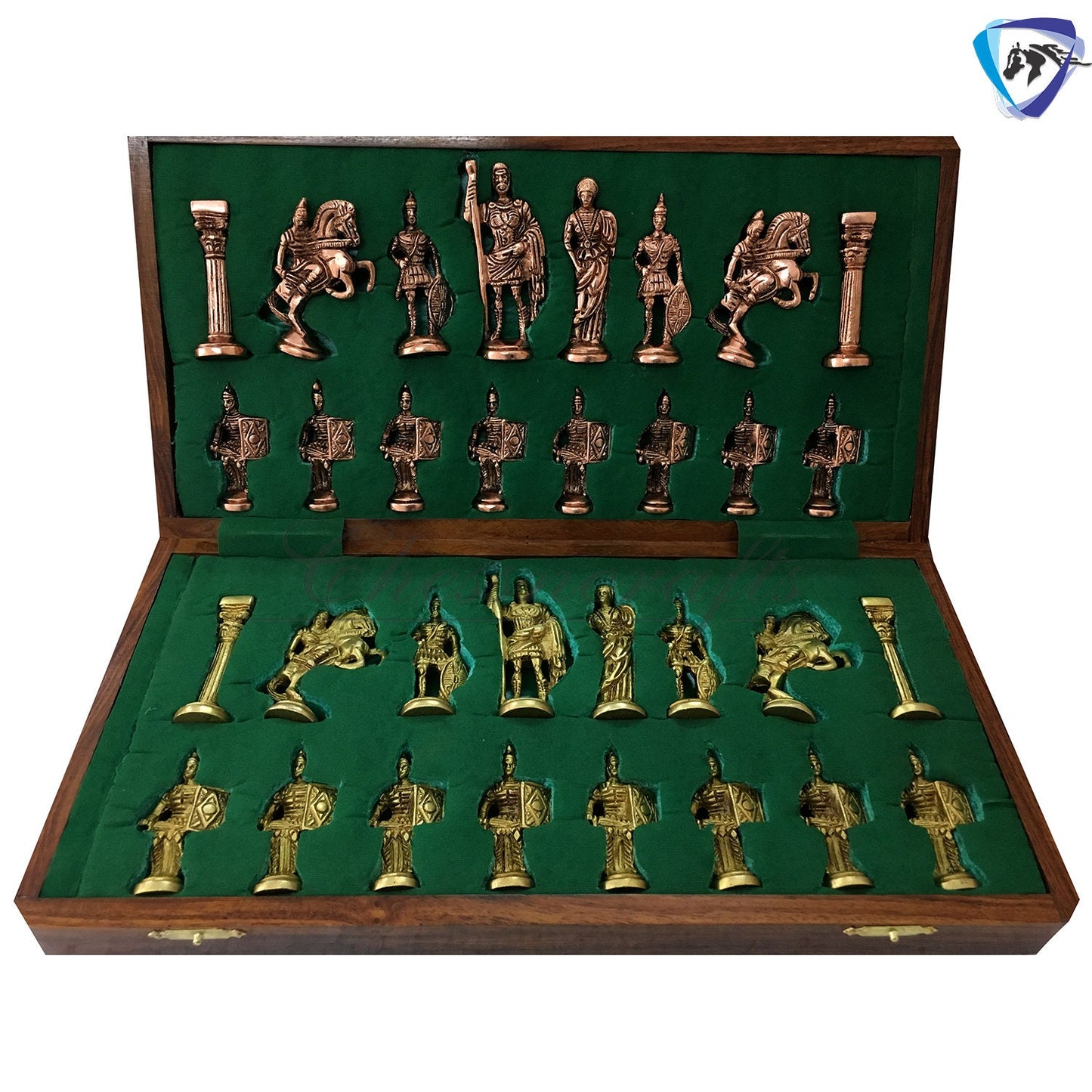Folding Brass Roman chess figures & rosewood chess board set with storage of chess men.