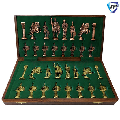 Folding Brass Roman chess figures & rosewood chess board set with storage of chess men.