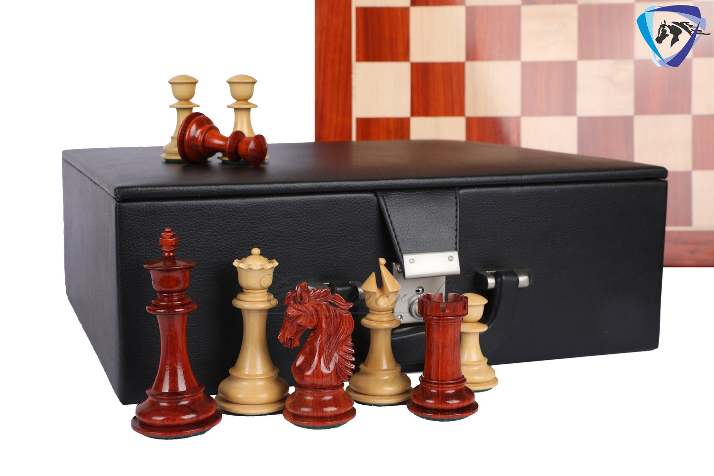 4.5" Luxury Staunton Bud Rosewood Chess pieces Set - STALLION SERIES + 23" Bud rosewood chess board (SQ: 60mm) + Leatherette Storage box