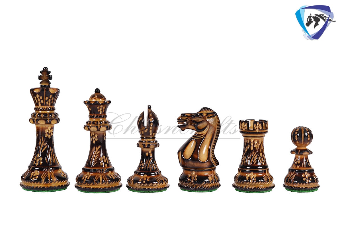 Wooden Staunton Chess set Burnt with Hand Carving King 4" broad base, Weighted & 2 extra Queens