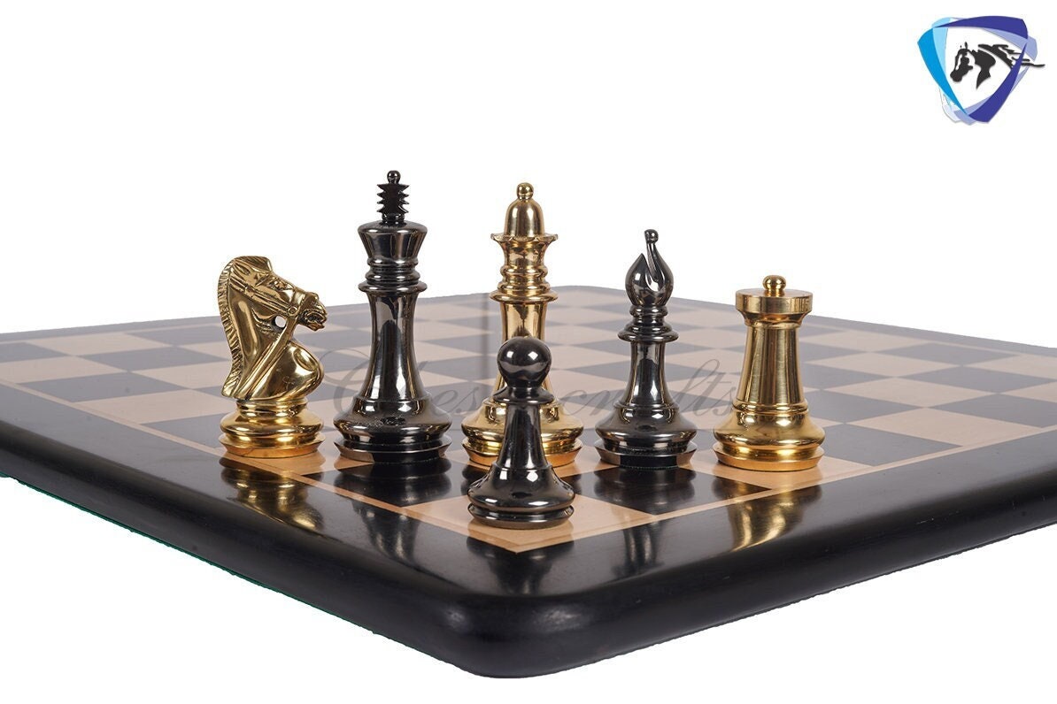4" Brass Staunton chess pieces set BRIDLED Knight Gold & Black + 19" Ebonywood chess Board(sq:51mm)