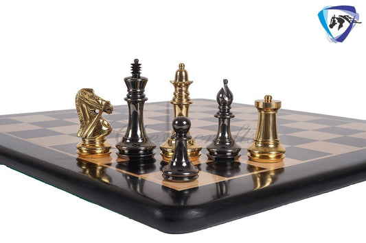 4" Brass Staunton chess pieces set BRIDLED Knight Gold & Black + 19" Ebonywood chess Board(sq:51mm)