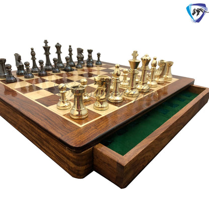 Brass Metal Staunton chess set & Rosewood chess board with storage 16"x16"- Glossy gold black chess men