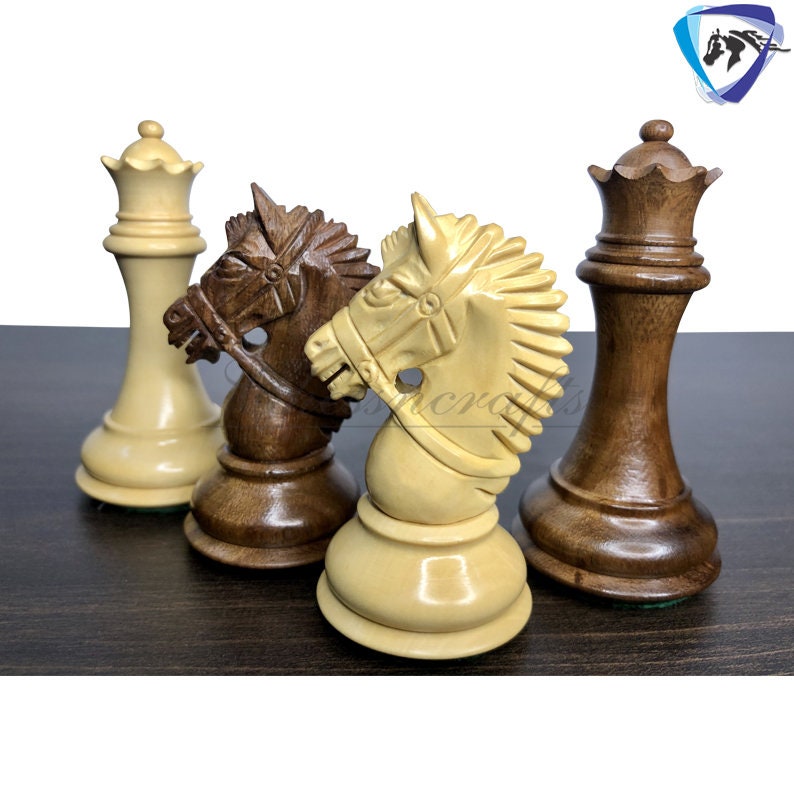 4.1" Staunton Chess Pieces Set in Golden Rose wood & Boxwood- EXCALIBUR  Weighted w/ 2 Extra queens- 4Q