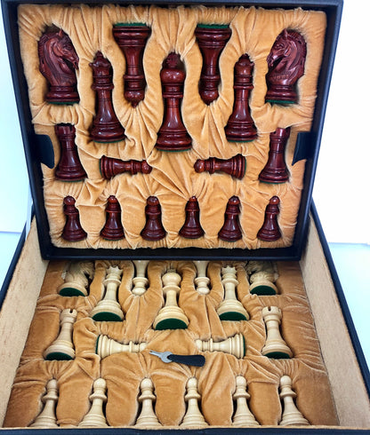 TAN BROWN Leatherette Coffer Storage box for Chess Pieces of king Height: 4.0" to 4.5"- 2 Trays, Velvet lining & Lock w/ handle.