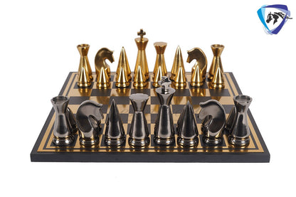 14" ART DECO Metal Chess Board Set designer King 4" Chess pieces with Chess board Modern Home Decor, Chess Gift-Leather Box