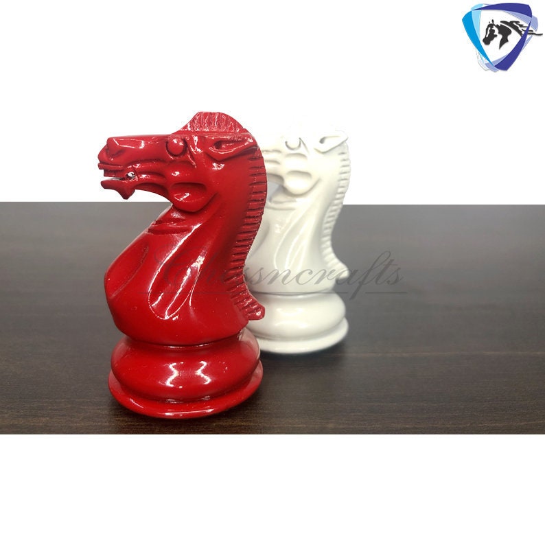 Club Staunton Chess pieces Set Boxwood Painted Red & White - King 3.75"  Weighted 2 Extra Queens- Lacquered glossy polish.