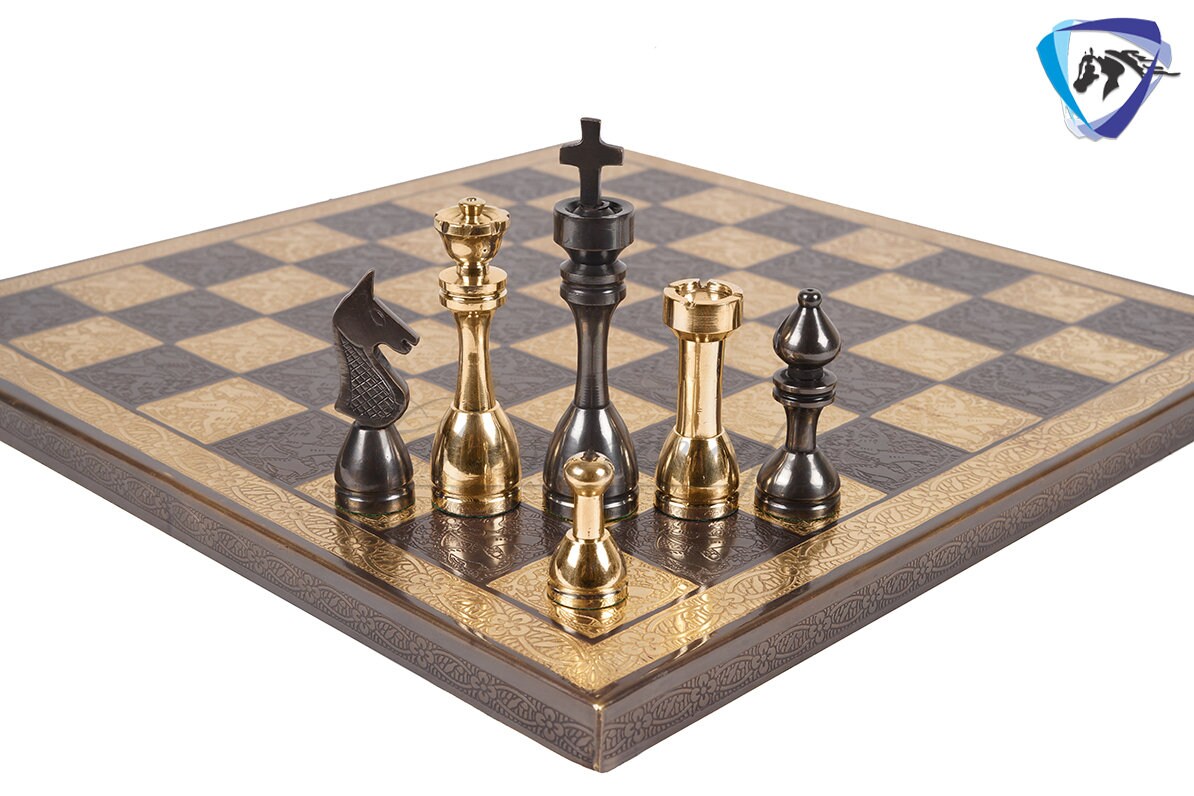 14" Solid Brass Metal Chess set- Apple bottom chess men Carved with velvet storage box - Vintage antique set- Brass Chess board set.