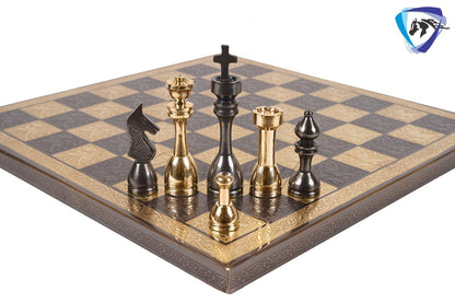 14" Solid Brass Metal Chess set- Apple bottom chess men Carved with velvet storage box - Vintage antique set- Brass Chess board set.