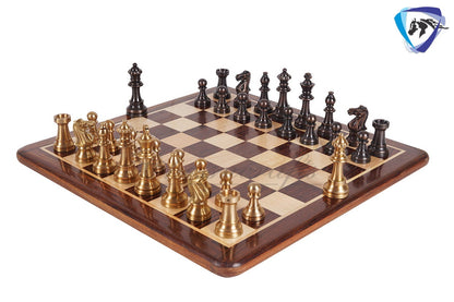 1849 Reproduced Staunton chess pieces set in Brass Metal Antique & Gold polish King: 3.4" + 16" Golden rosewood Chess Board + Storage Box