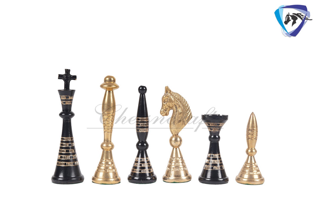 12" Solid Brass Metal Hand carved Chess set- Minar (Tower) chess men Carving with velvet storage box - Vintage Collector antique series