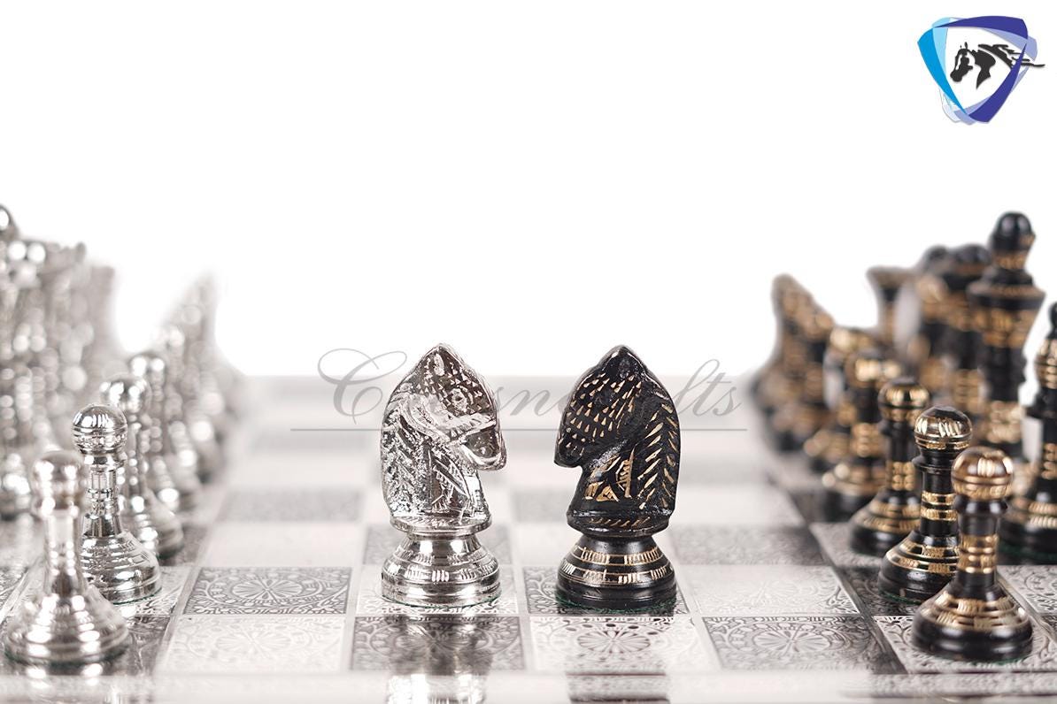 12" Brass Chess Board  set- & Staunton Hand carved chess men with hand carved chess board in velvet storage box