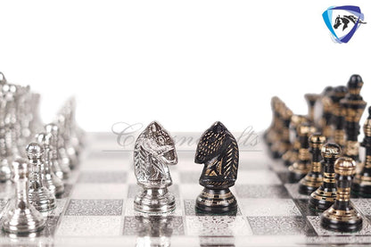 12" Brass Chess Board  set- & Staunton Hand carved chess men with hand carved chess board in velvet storage box