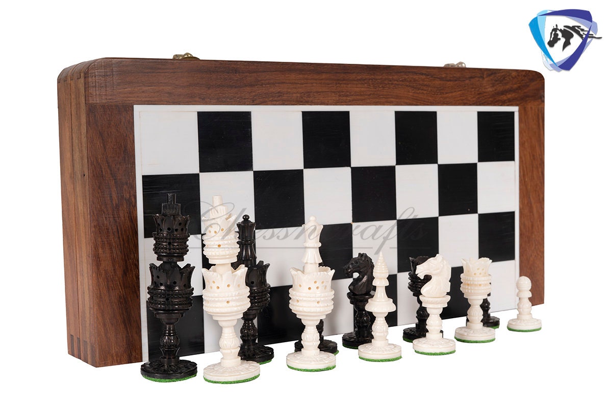 4.1" Camel bone chess set Lotus handmade Carved chess pieces | chess gift| christmas gift | chess board set | Inlaid foldable chess board
