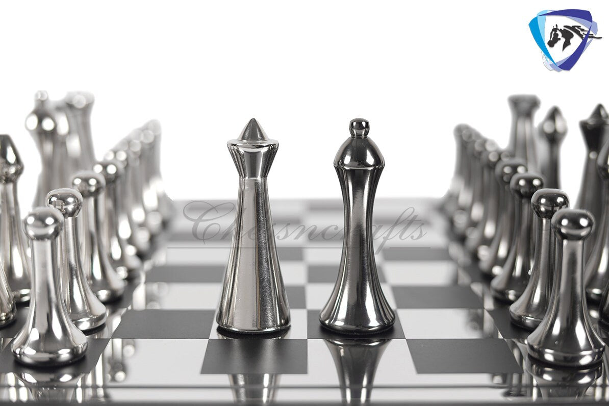 16" Metal chess Board set Reproduced Hermann Ohme Metal chess Set Unique modern design Black-silver Glossy Polish MODERN HOME DECOR Chess