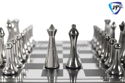 16" Metal chess Board set Reproduced Hermann Ohme Metal chess Set Unique modern design Black-silver Glossy Polish MODERN HOME DECOR Chess
