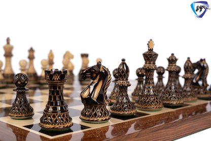 4" Fierce Knight Staunton Chess pieces Set in Burnt Boxwood with carving + 21" Ebony wood Chess Board + Leather Storage Box COMBO