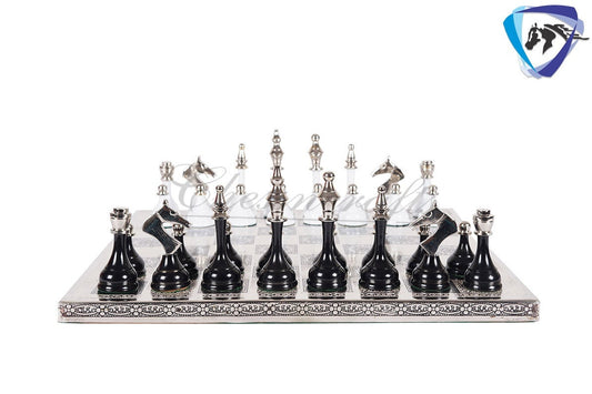 14" Brass Chess Board set- Modern Classic Hand carved- Soviet BLACK & WHITE EDITION chess pieces in velvet storage box - Chess Gift for Him