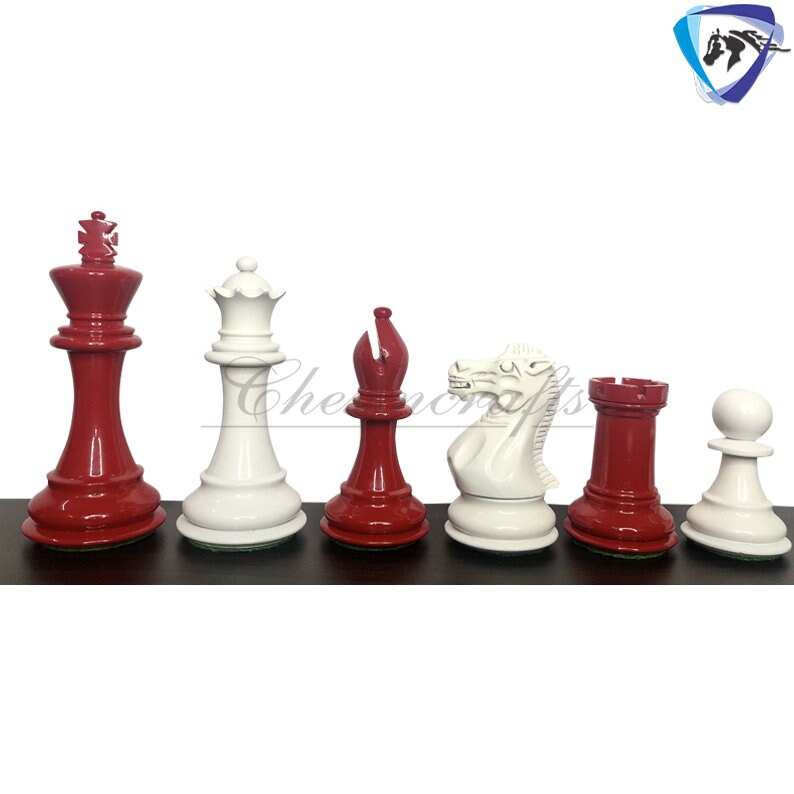 Club Staunton Chess pieces Set Boxwood Painted Red & White - King 3.75"  Weighted 2 Extra Queens- Lacquered glossy polish.