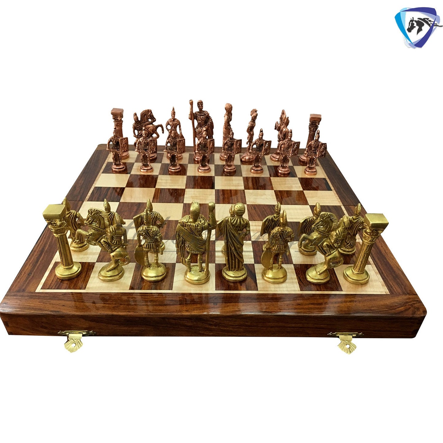Folding Brass Roman chess figures & rosewood chess board set with storage of chess men.