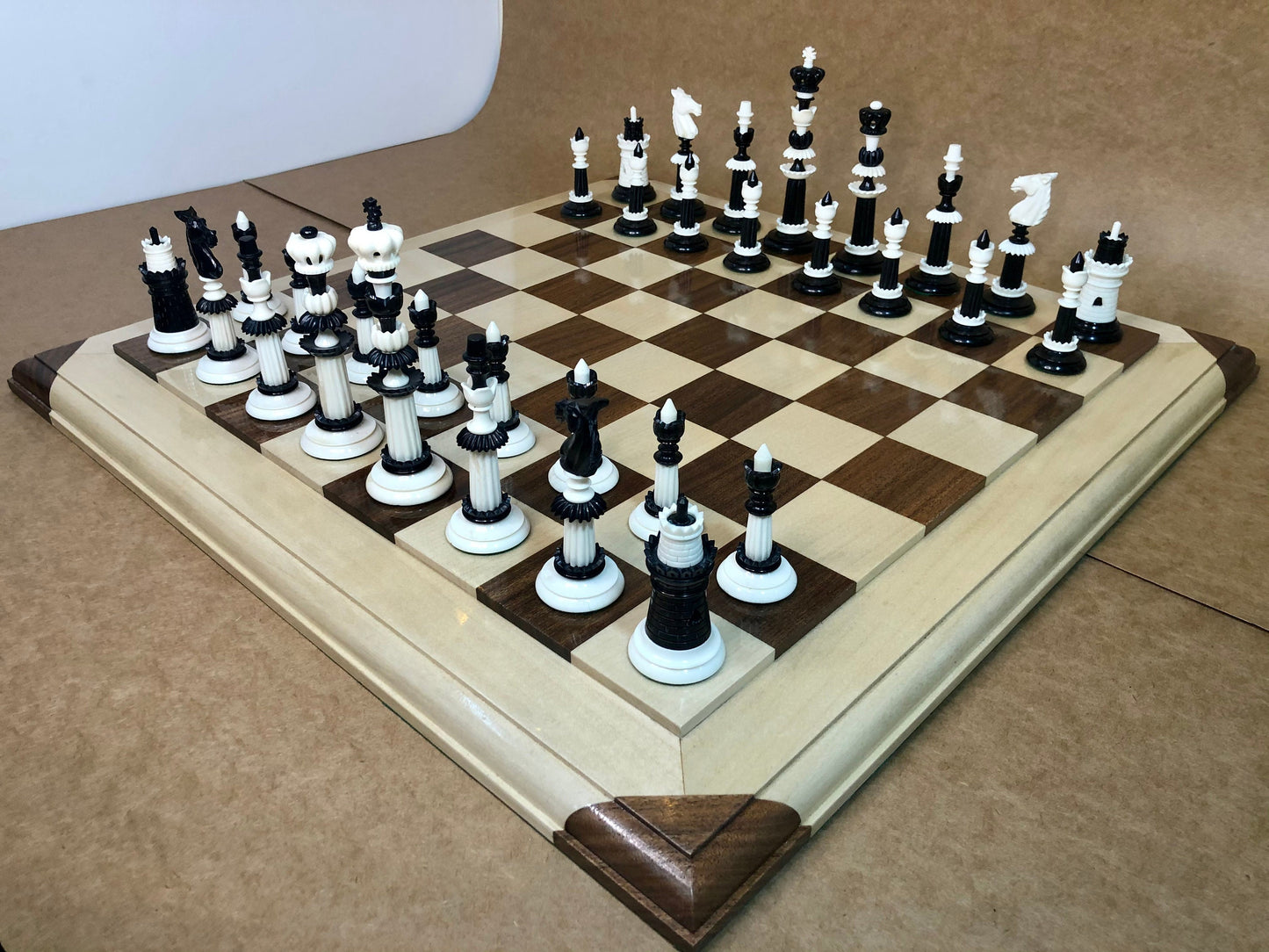 COMBO 6" Camel bone chess set hand carved unique collector vintage chess pieces- LUXURY FLOWER Chess Pieces Set + 21" Maplewood Chess Board.