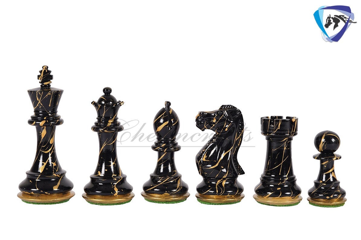 4" Wooden Staunton Chess set - STREET ART Painted chess pieces Black & Gold Weighted- extra queens + 19" Golden rosewood Chess Board COMBO