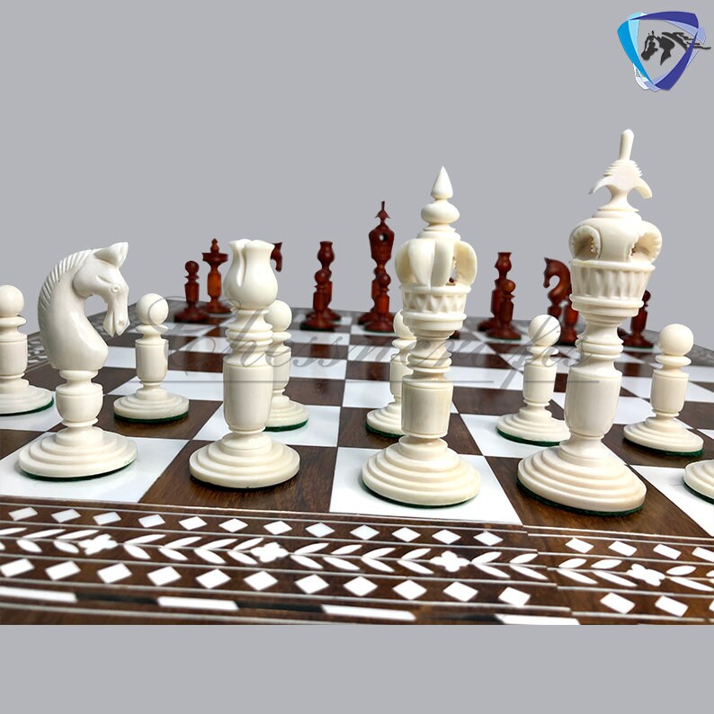 Combo Luxury Camel Bone Chess pieces Set ANTIQUE- White & 18" INLAY Art work Wooden folding chess board set.