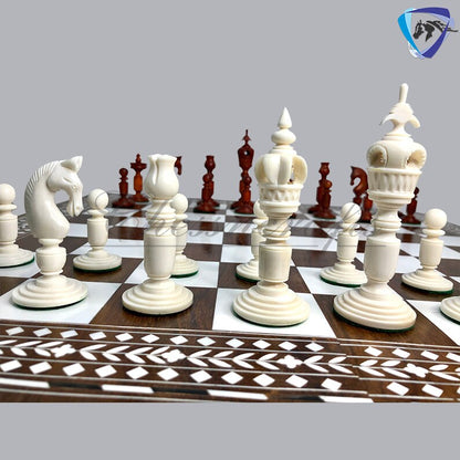 Combo Luxury Camel Bone Chess pieces Set ANTIQUE- White & 18" INLAY Art work Wooden folding chess board set.