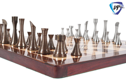19" Rosewood Chess Board set with 3.5" Solid Brass Chess pieces set RING STEEL SLEEK Silver & Antique Polish Minimalist Chess Board set.