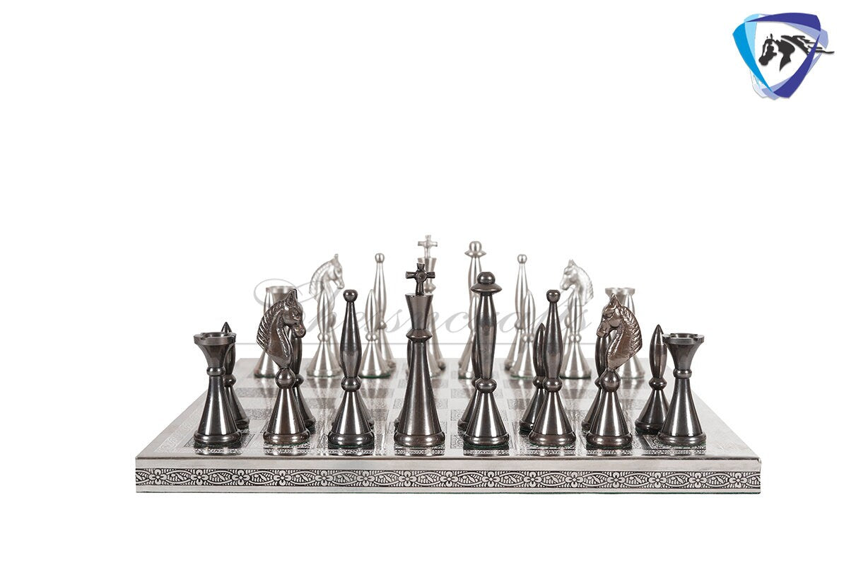 14" Brass Chess Board set ART DECO Chess Pieces - MEENAKARI chess board Hand carved in velvet storage box - Brass chess board set-Chess Gift