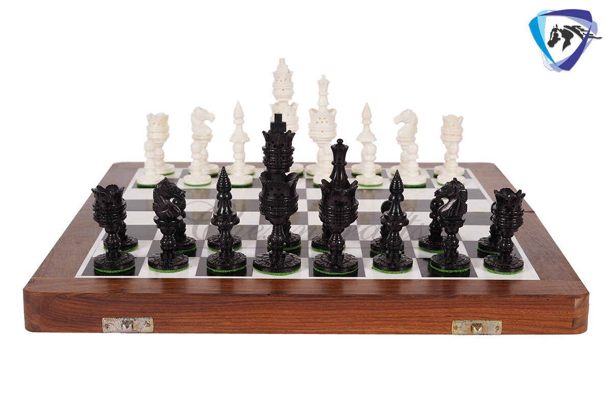 4.1" Camel bone chess set Lotus handmade Carved chess pieces | chess gift| christmas gift | chess board set | Inlaid foldable chess board