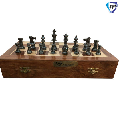 Staunton Brass Chess Pieces Set and 14" Folding Rosewood chess board with storage. Metal chess set handmade Chess for Gift, Birthday gift.