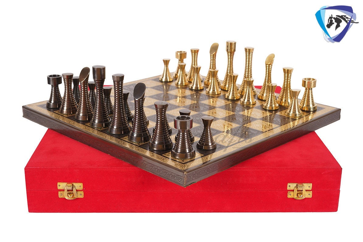 14" Solid Brass Metal Chess set- Slim Rings chess men Carved with velvet storage box - Vintage Collector antique set- Brass Chess board set.