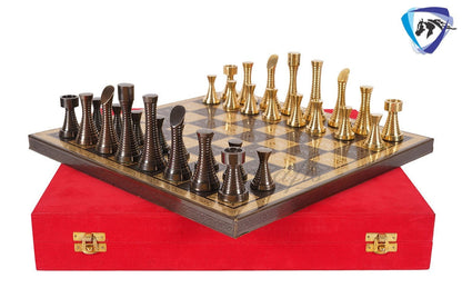 14" Solid Brass Metal Chess set- Slim Rings chess men Carved with velvet storage box - Vintage Collector antique set- Brass Chess board set.