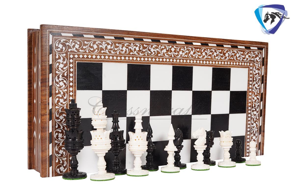 4.1" Camel bone chess set Lotus handmade Carved chess pieces | chess gift| christmas gift | chess board set | Inlaid foldable chess board