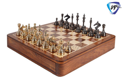 14" Brass Metal Chess Board set Modern Classic Handmade Soviet chess pieces with storage box - Vintage Chess for Gifting