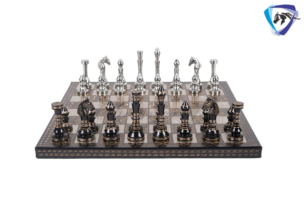 14" Solid Brass Metal Classic CONTEMPORARY Hand carved Chess set- Slim chess men Carving with velvet storage box - Brass chess board set