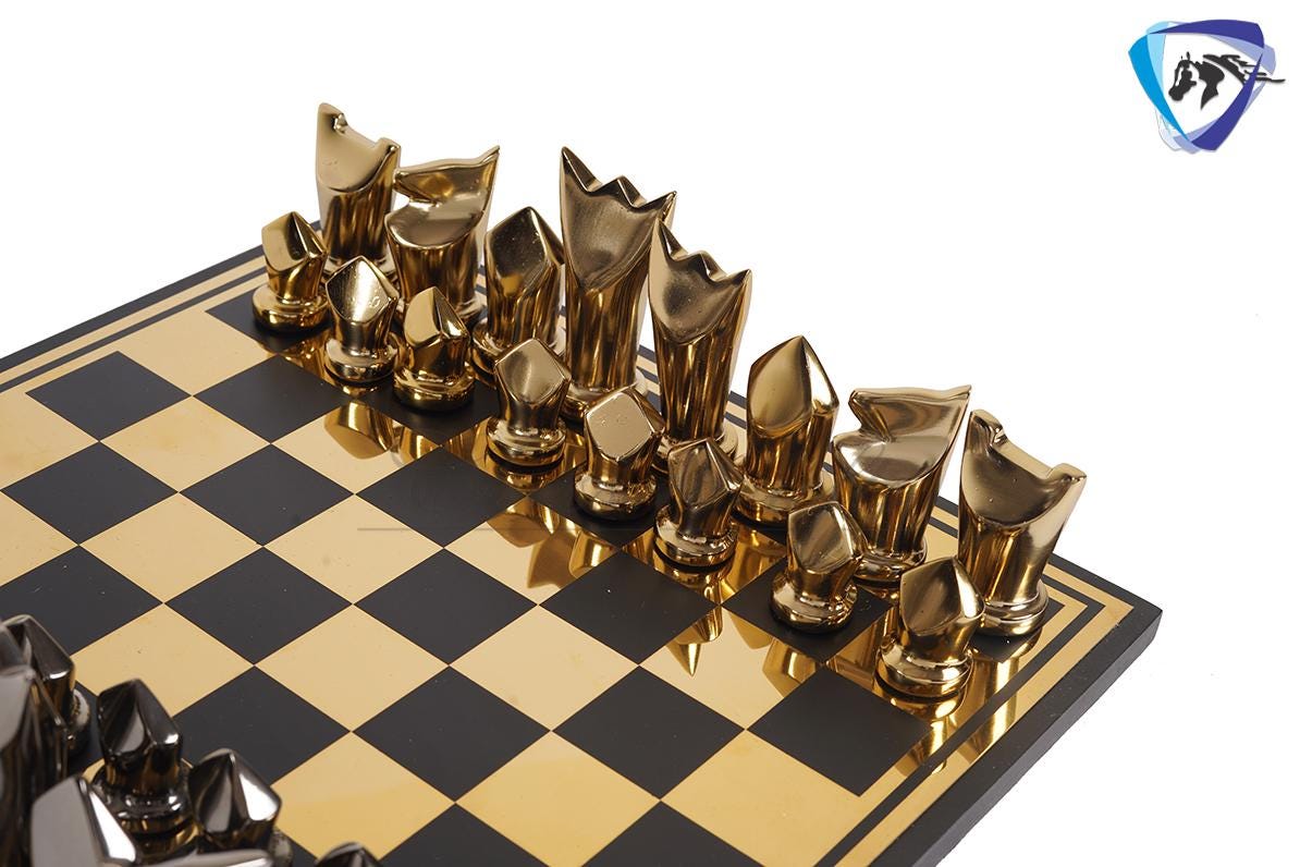 14" Metal chess Board Set Black & Gold EGYPTION GOLD FLOWER Unique design Chess gifting-Luxury Metal chess set