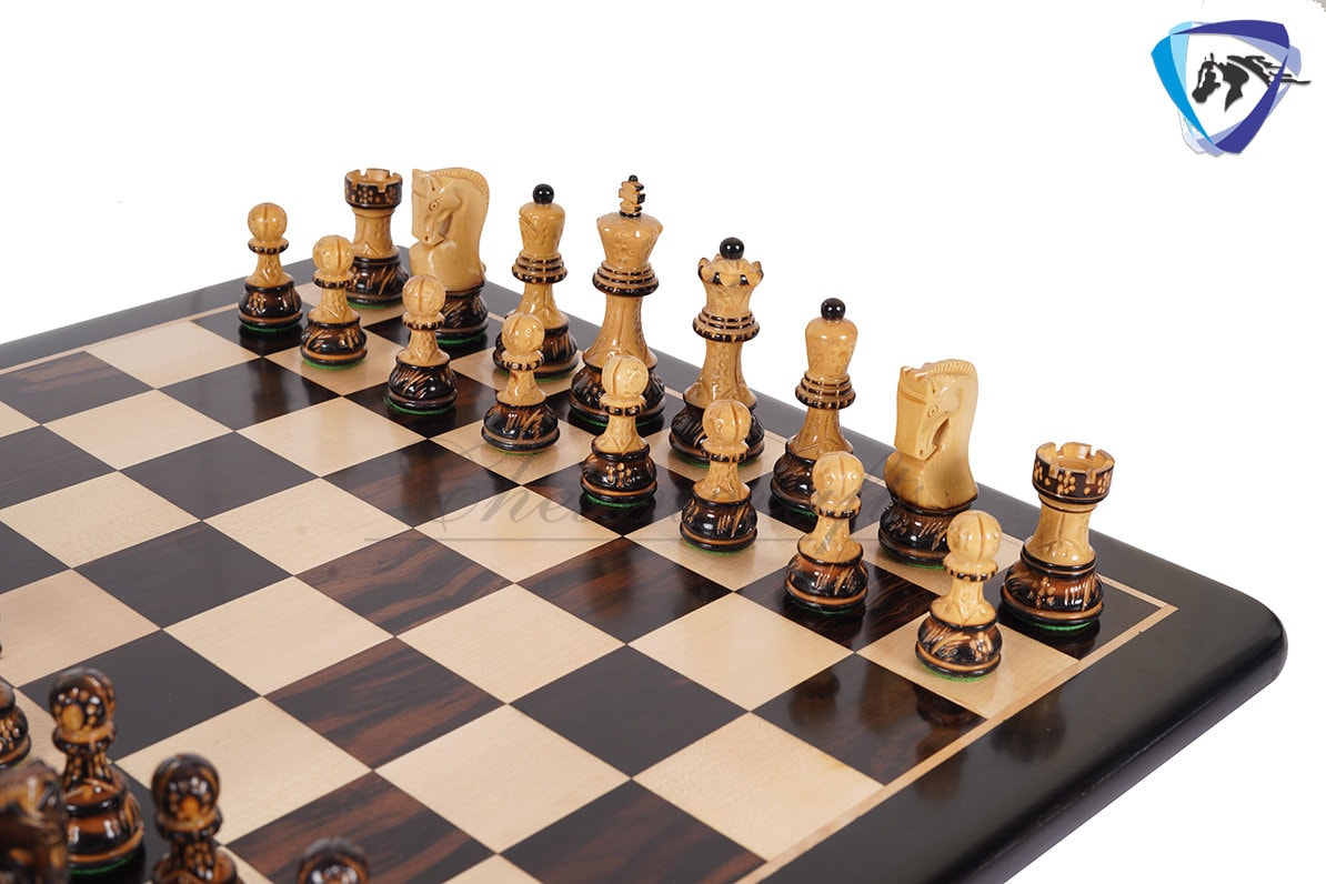 4" Russian Zagreb Chess Pieces set Burnt with Hand Carving broad base, Weighted - 2 extra Queens+19"Ebonywood chess board + Storage Box.