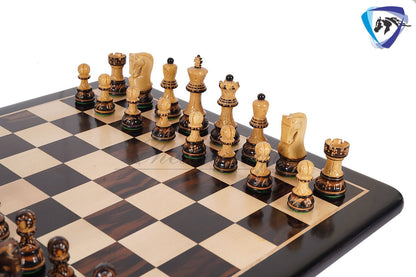 4" Russian Zagreb Chess Pieces set Burnt with Hand Carving broad base, Weighted - 2 extra Queens+19"Ebonywood chess board + Storage Box.