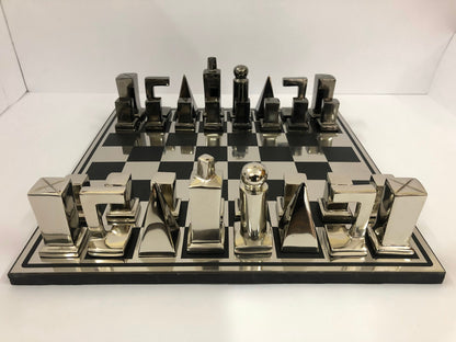 14" Metal chess Board Set- BAUHAUS INSPIRED Unique design-Black & Silver/Gold Metal Chess pieces-Chess gift- Luxury Metal chess Set