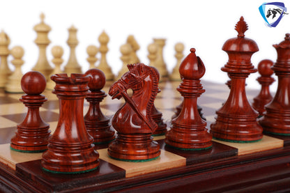 Wooden Staunton Chess Set-King: 4.5" Bud Rose wood -BRIDLED  + 21" Bud Rose wood Chess board STEP BORDER with Storage Box.
