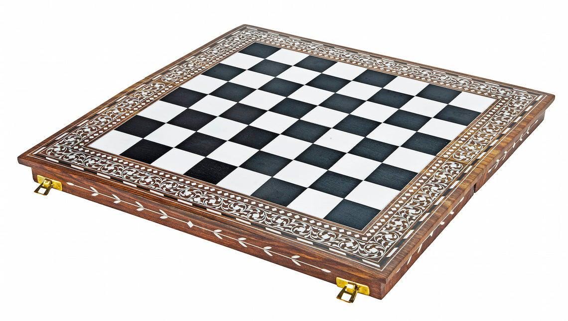 16" Inlay art work handmade Solid Golden Rosewood folding chess board- Floral inlaid art work on borders & edges with storage inside.