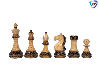 4" Fierce Knight Staunton Chess pieces Set in Burnt Boxwood with carving + 21" Ebony wood Chess Board + Leather Storage Box COMBO