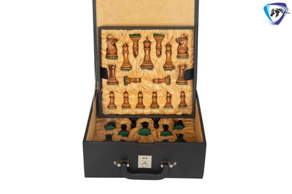 3.75" Staunton Chess Pieces Set 1849 Reproduced Antiqued Distressed & Ebony wood + 21" Ebony look chess board(sq 55mm) + Leather Storage box