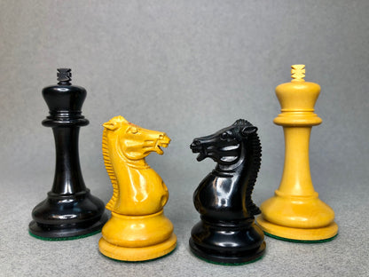 1854 Reproduction Walter Grimshaw Circa 3.5" Staunton Chess Pieces Set in Antiqued Boxwood & Ebony wood- Weighted Extra queens + Storage.