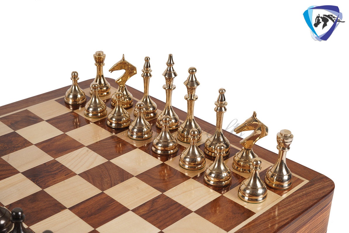 16" Brass Chess Board Set MODERN CLASSIC Chess Pieces Black-gold and Rosewood  Chess board with Storage drawer- Chess Gift- Gift for Him