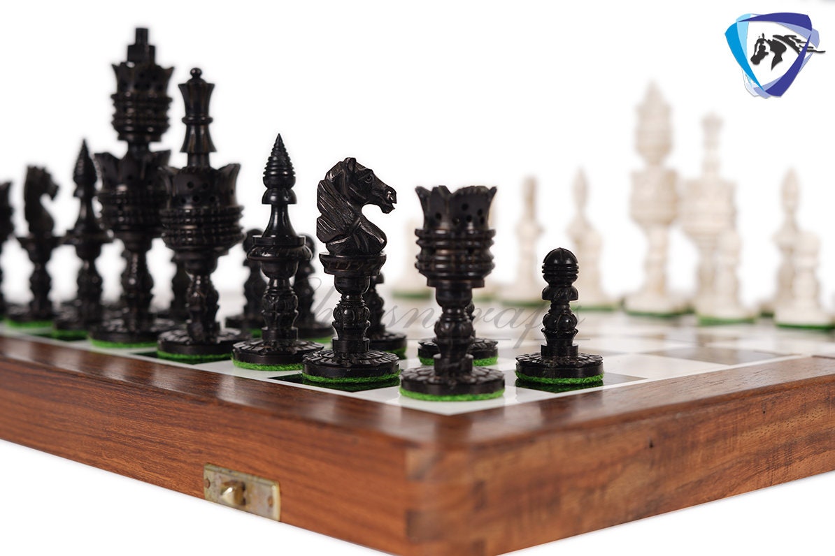 4.1" Camel bone chess set Lotus handmade Carved chess pieces | chess gift| christmas gift | chess board set | Inlaid foldable chess board