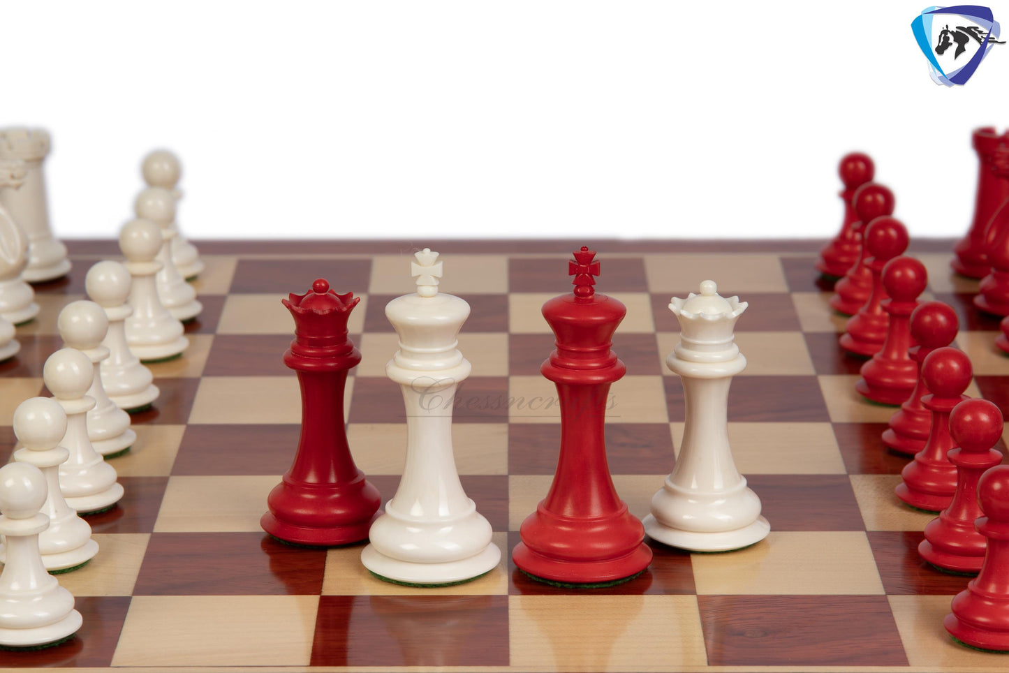 3.75" Camel Bone Staunton chess Pieces set- 1849 reproduced Cooke in Red & white color + 21" Bud rosewood chess board + Leather Storage Box
